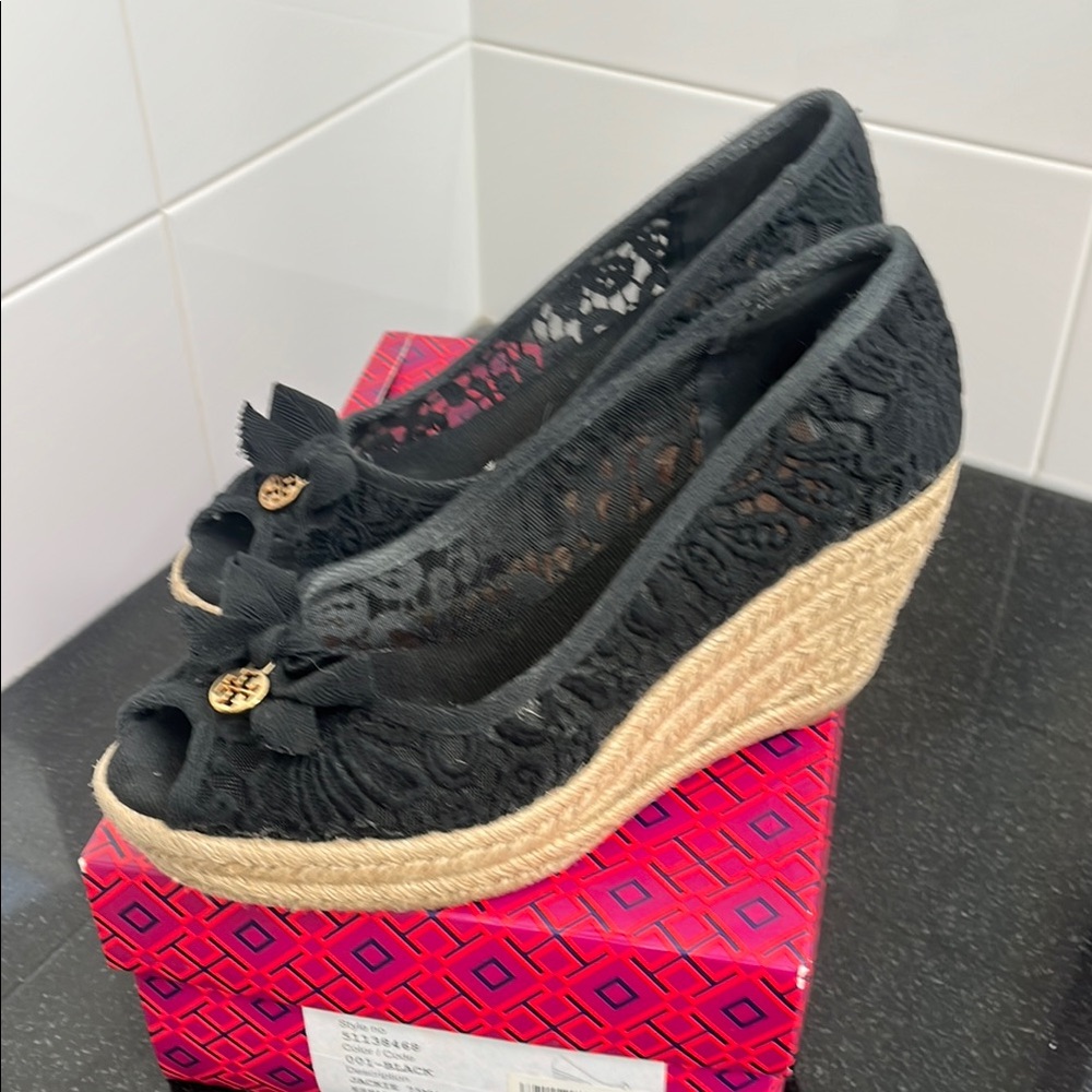 Tory Burch Black Lace Wedges with Tan Espadrille